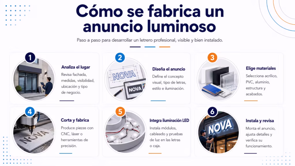Proceso de fabricación de anuncios luminosos desde diseño hasta instalación