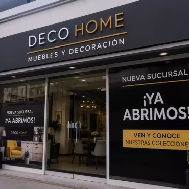 Campaña de publicidad visual para una sucursal nueva con letrero comercial y fachada profesional