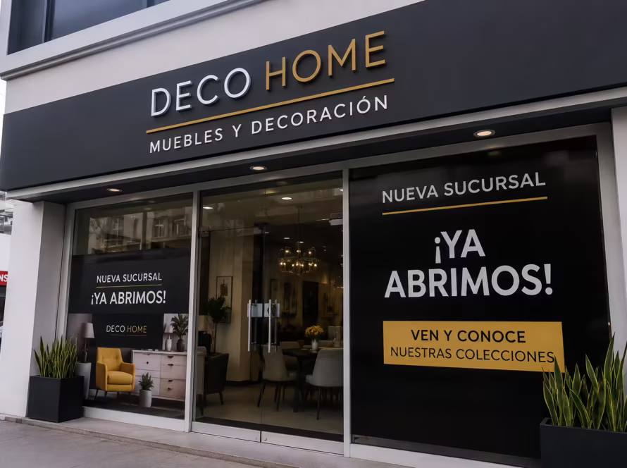 Campaña de publicidad visual para una sucursal nueva con letrero comercial y fachada profesional