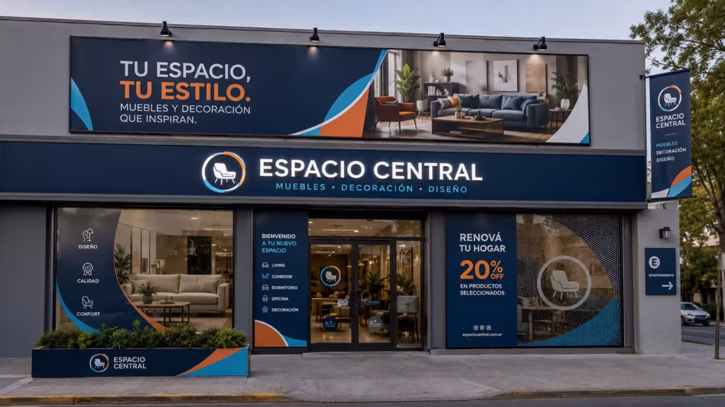 Fachada comercial con impresión en gran formato y publicidad exterior