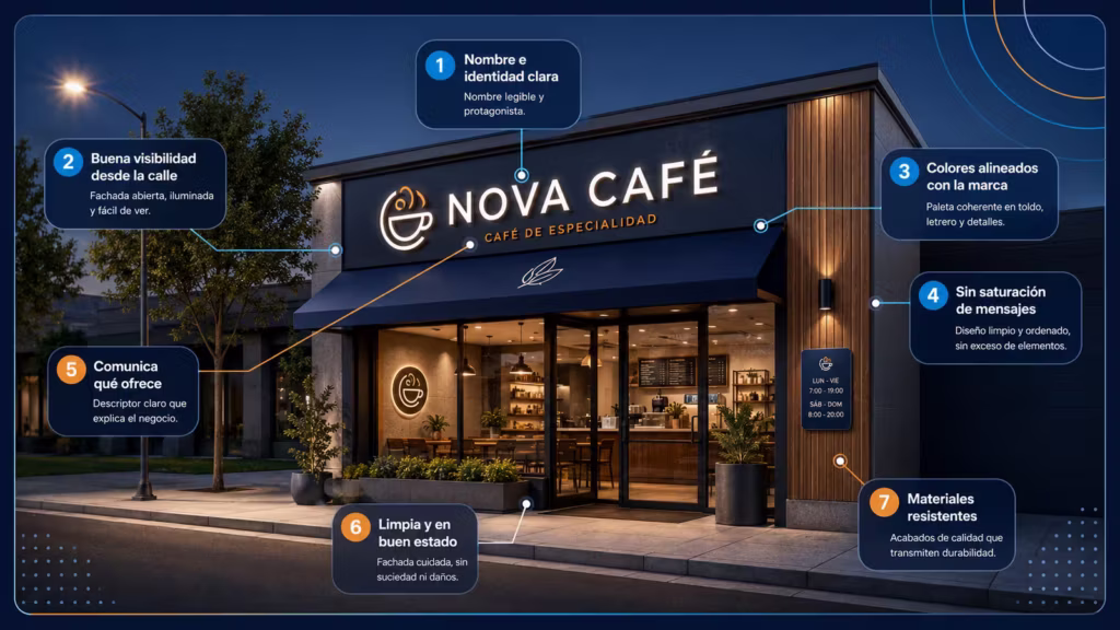 Fachada comercial bien diseñada con nombre visible, colores de marca, señalética clara, vinil e impresión en gran formato para publicidad exterior en México