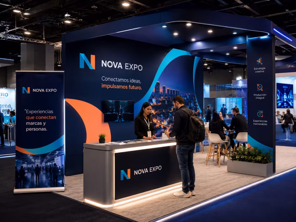 Stand para evento con impresión en gran formato y materiales publicitarios