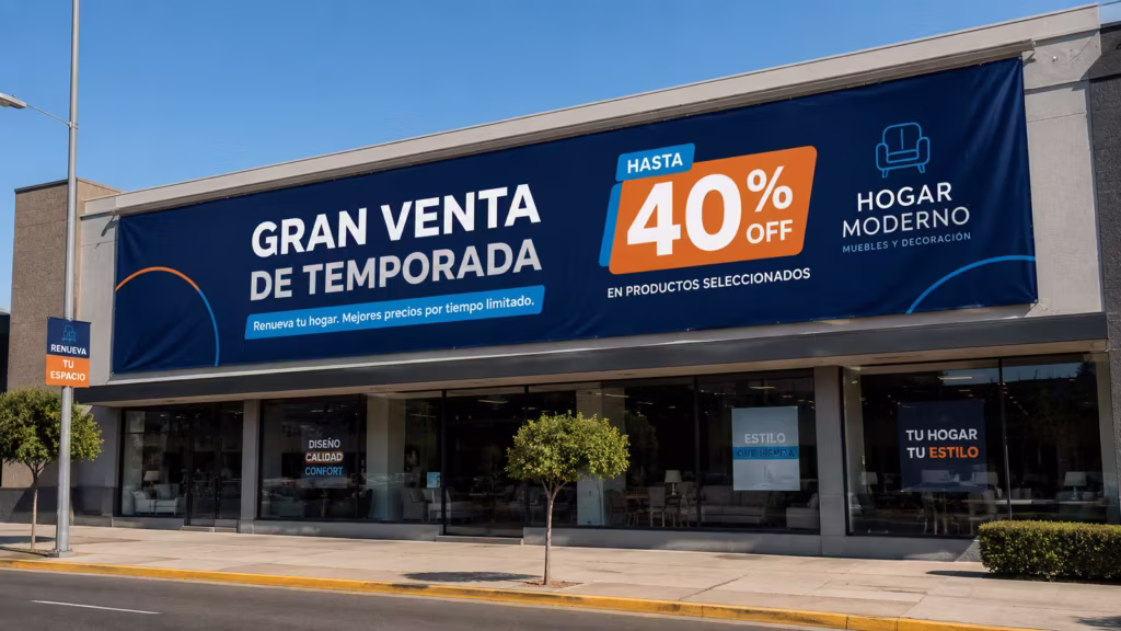 Lona publicitaria instalada en fachada comercial para atraer clientes
