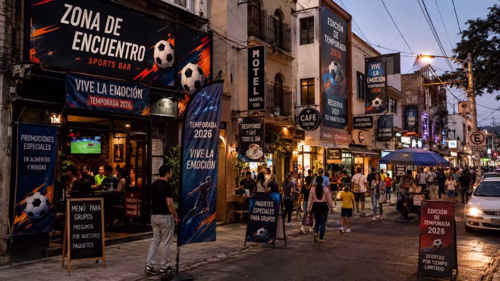 Zona comercial en México con publicidad exterior de temporada deportiva, lonas, banners y anuncios impresos para atraer clientes
