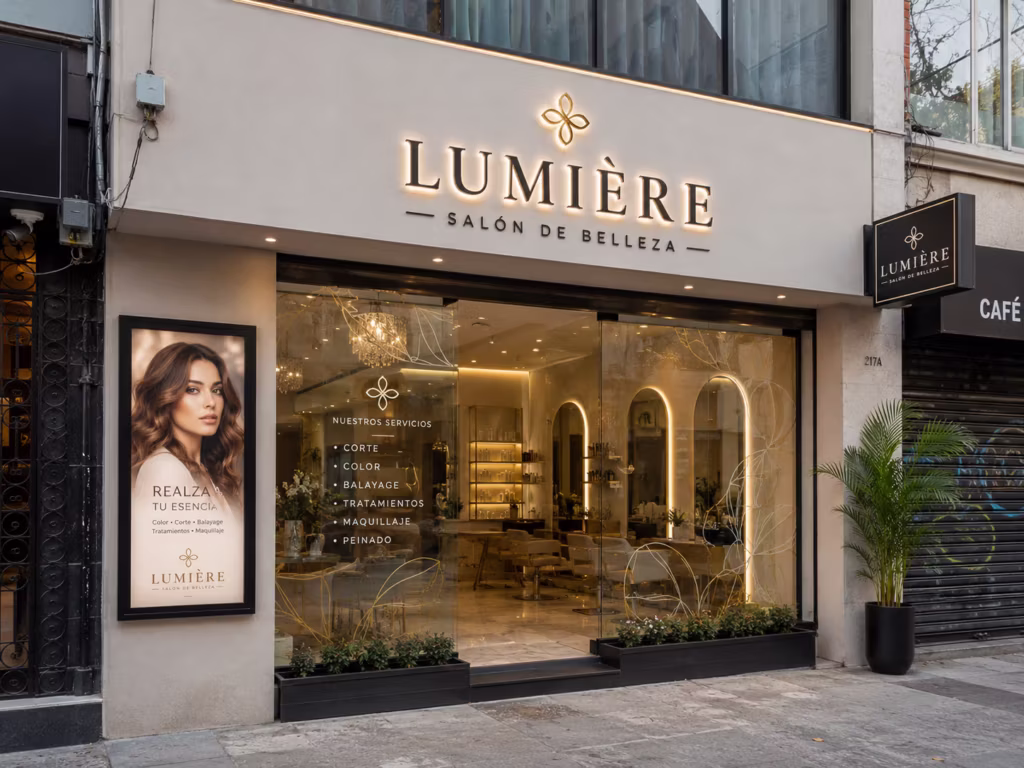 Anuncio luminoso para barbería o estética con fachada moderna y vinil decorativo