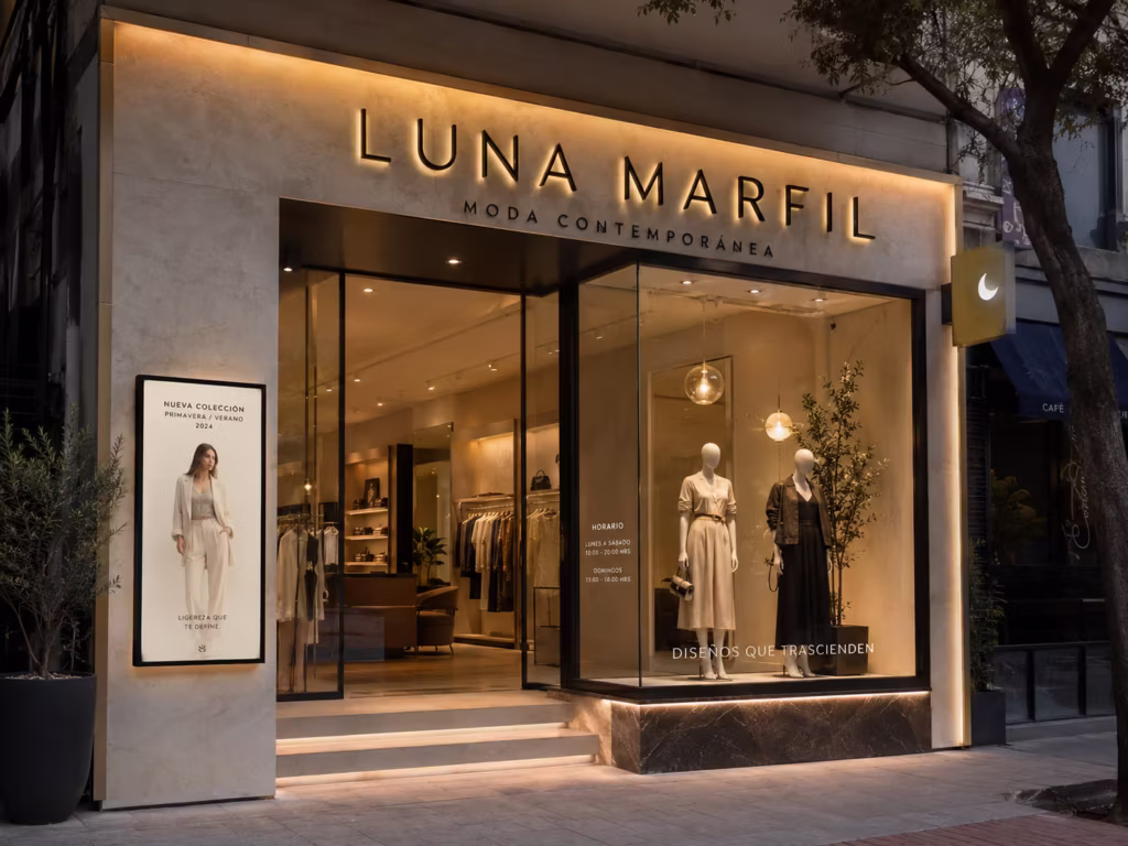 Anuncio elegante para boutique con letras 3D y escaparate comercial