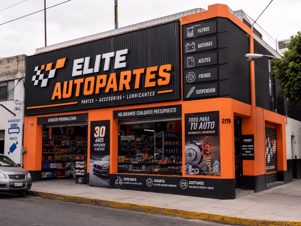 Anuncio comercial para negocio de alta rotación con señalización clara y visible
