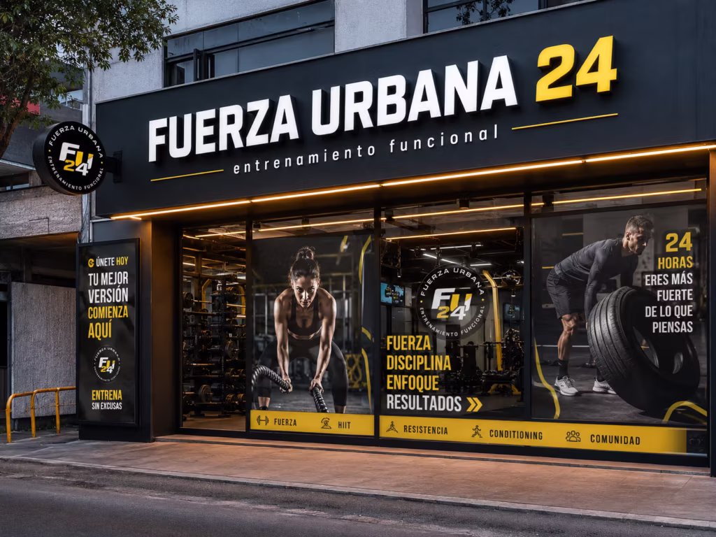 Letrero exterior para gimnasio con diseño moderno y gráficos deportivos